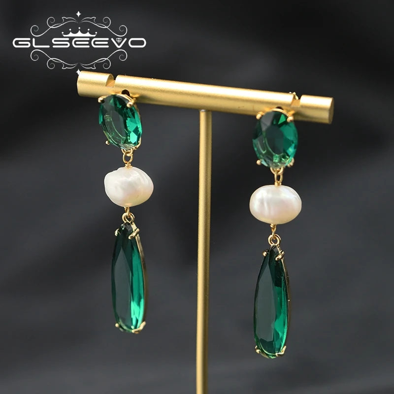 Natural Baroque Pearl Emerald Drop Water Crystal Piercing Earrings for Women Wedding Party  Luxurious Elegant Handmade Jewelry