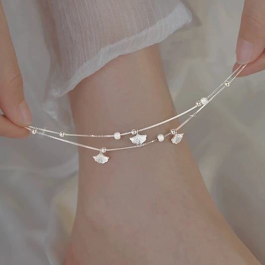 FY-JL033 925 Sterling Silver Anklet Women's Light Luxury Niche Korean Version Versatile High-end Ginkgo
