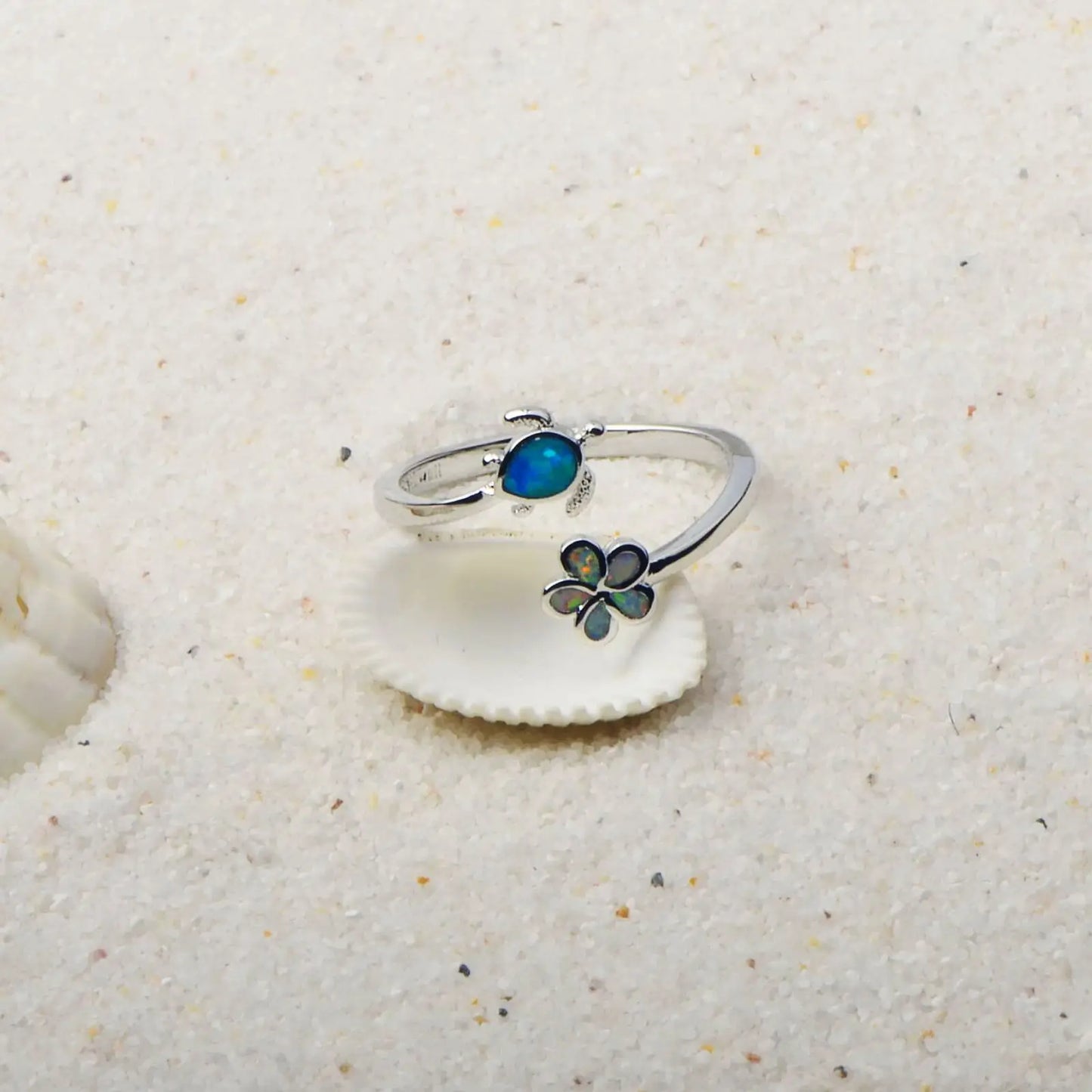 Cute Turtle & Flower Opal Open Ring | Blue/Iridescent Gem Inlay  Band | Nature-Themed Fashion Jewelry for Women
