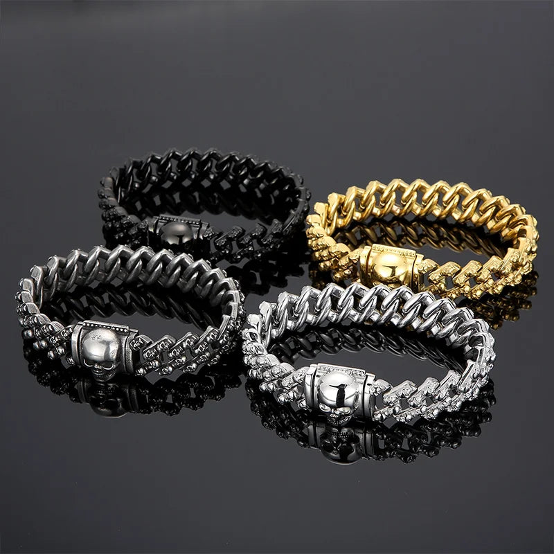 VIKING Mens Punk Skull Charm Link Bangle Bracelet – Silver, Black & Gold