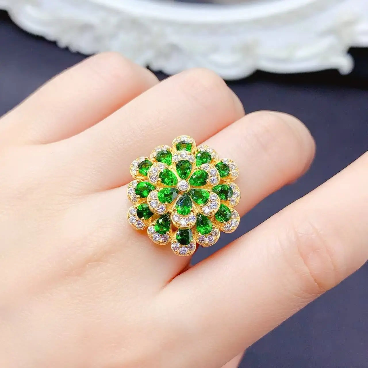 Luxury Jewelry Fashion Pure Silver 925 Natural Diopside Engagement Wedding Party Gift  Gold-plated Women's Jewelry