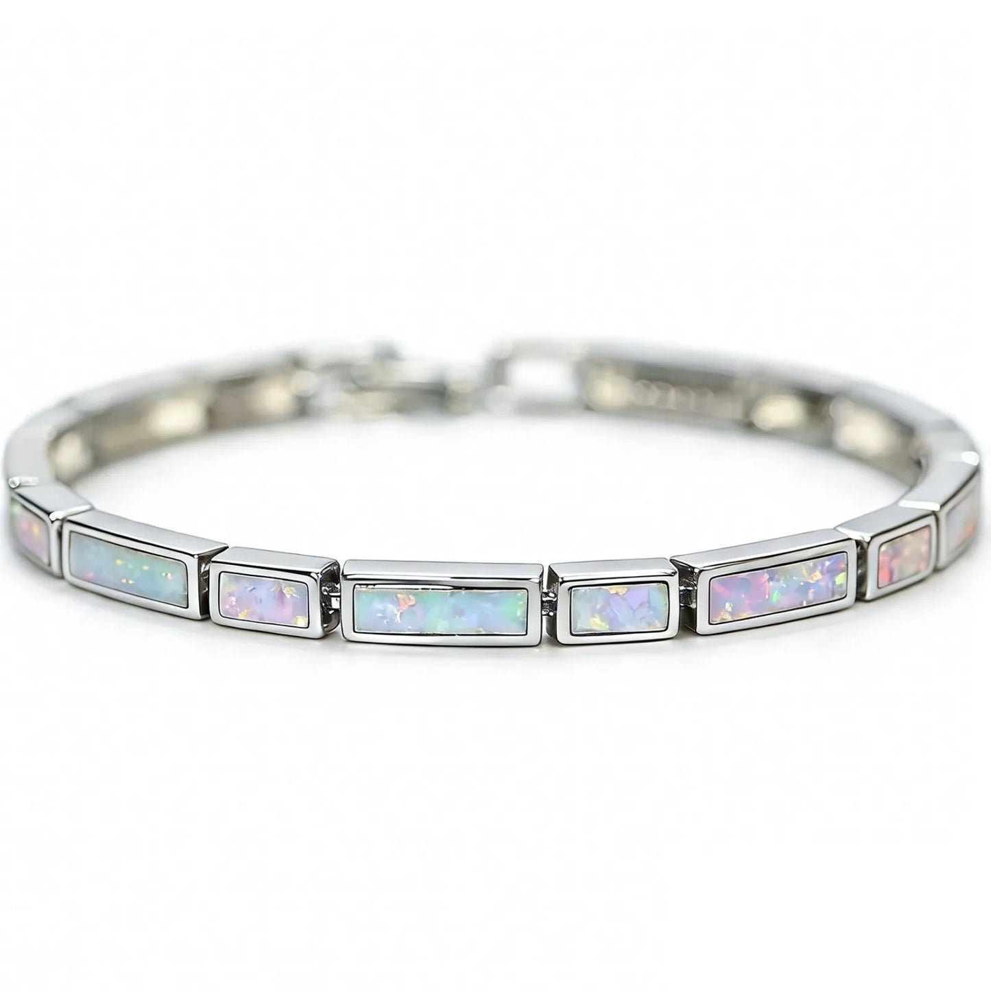 Fashion Trendy Silver Plated Brass Christian Opal Inlaid Minimalist Geometric Design Women's Anniversary Chain Link Bracelet
