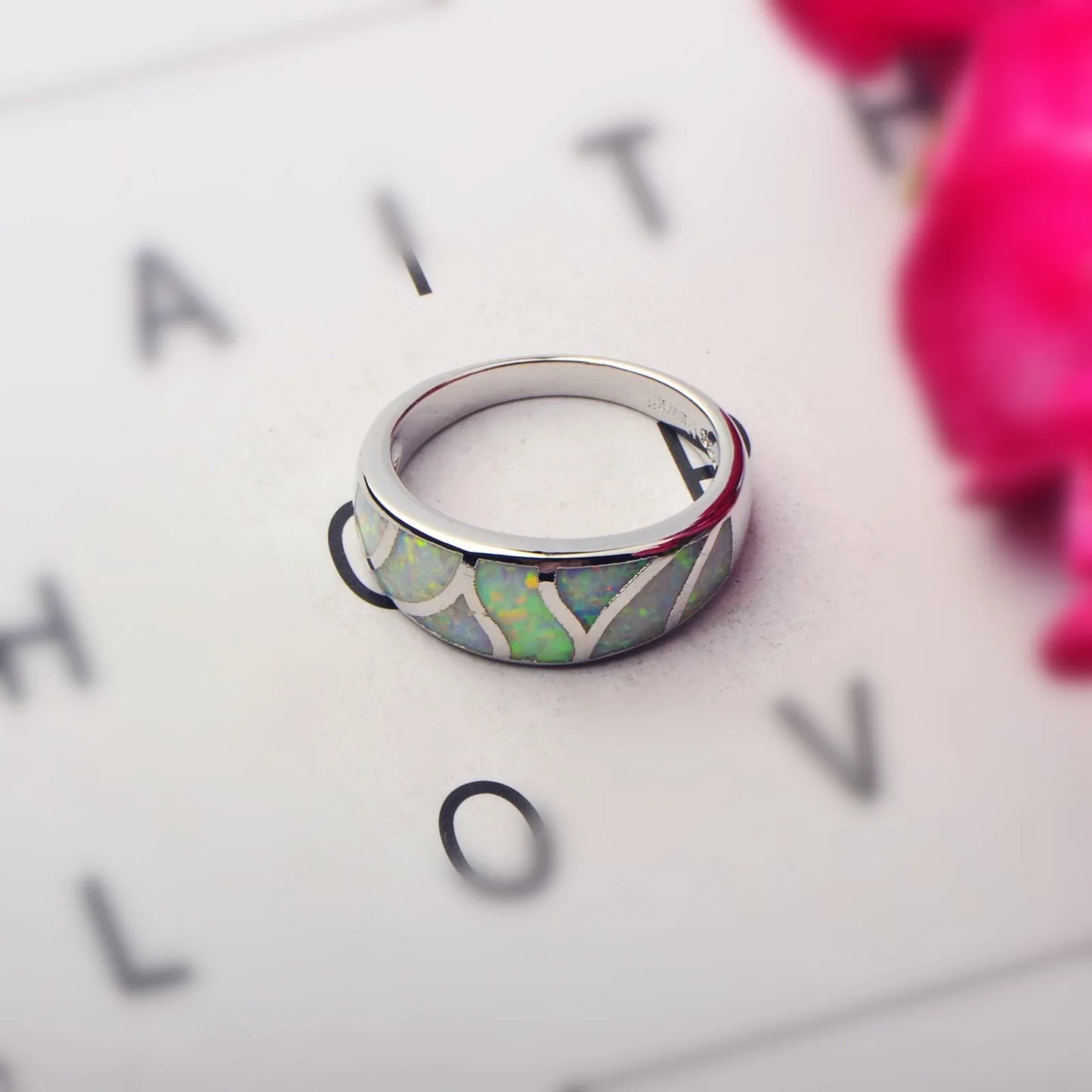 Iridescent Opal Geometric Ring | Sleek Silver Fashion Band