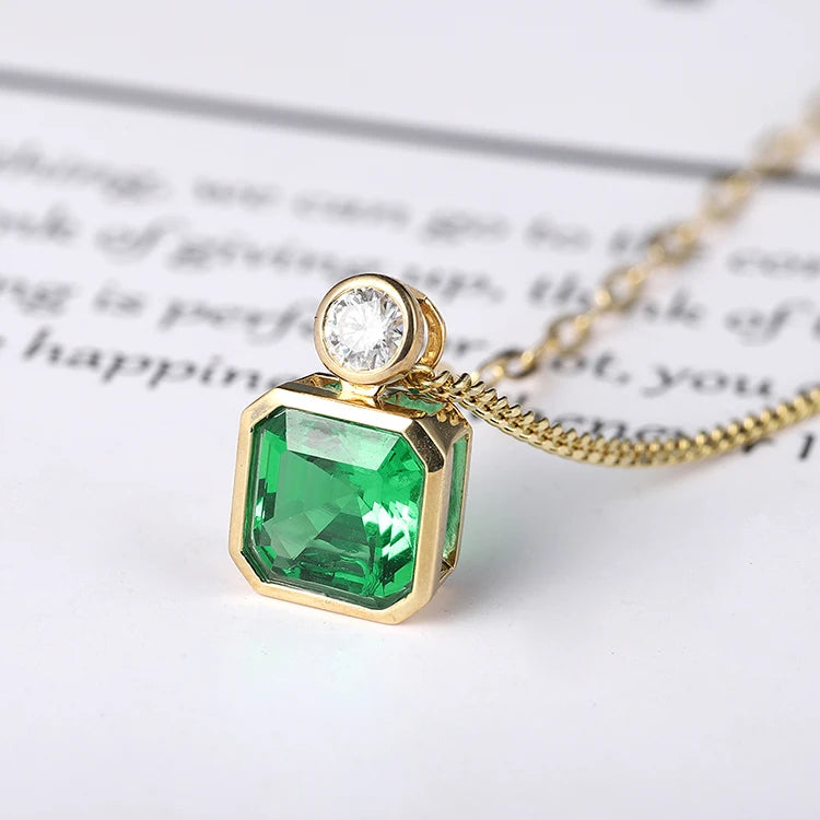 Gemfiori Trendy 3CT Square Shape Lab Grown Emerald Real Gold Chains Jewelry 18k Solid Gold Necklace