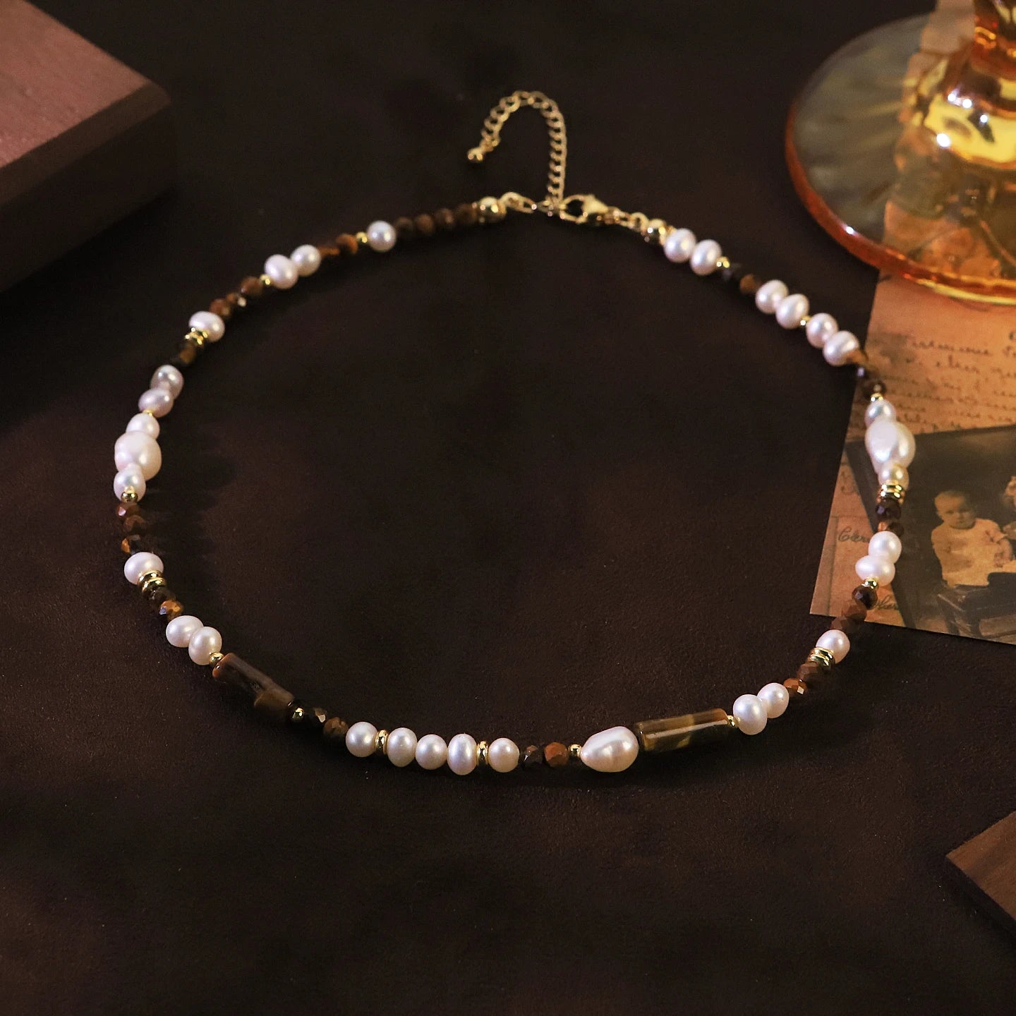 Natural Freshwater Pearl Tiger Eye Beaded Necklace for Women Boho Daily Party Birthday Gift Vintage Necklace Fashion Jewelry