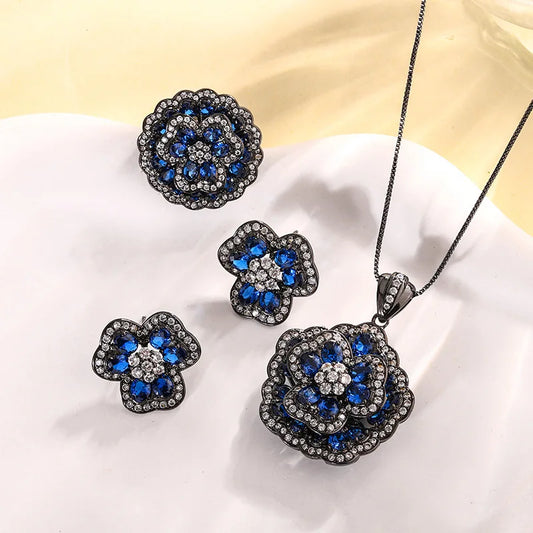 Gemfiori French Elegant Blue Flower Pendant Ring Earring Set Retro Niche Design Camellia Jewelry