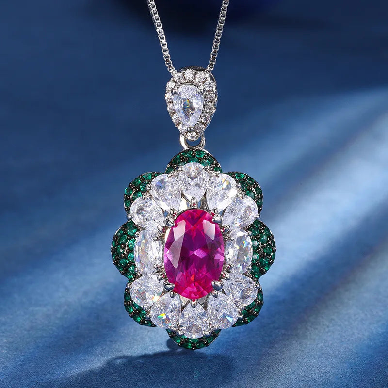 Gemfiori New Royal Blue Ring Pendant Necklace Jewelry Set Sparkling Flower Inlaid Zircon Set