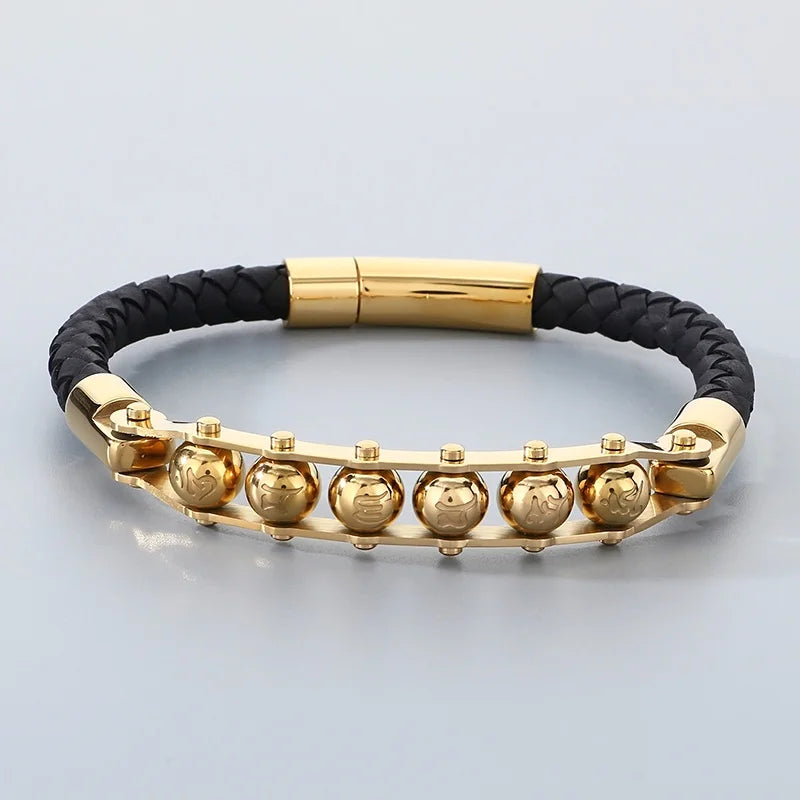 REBEL Trendy Mens Fashion Bracelets Bangles Stainless Steel Beads Leather Bracelet Bangle