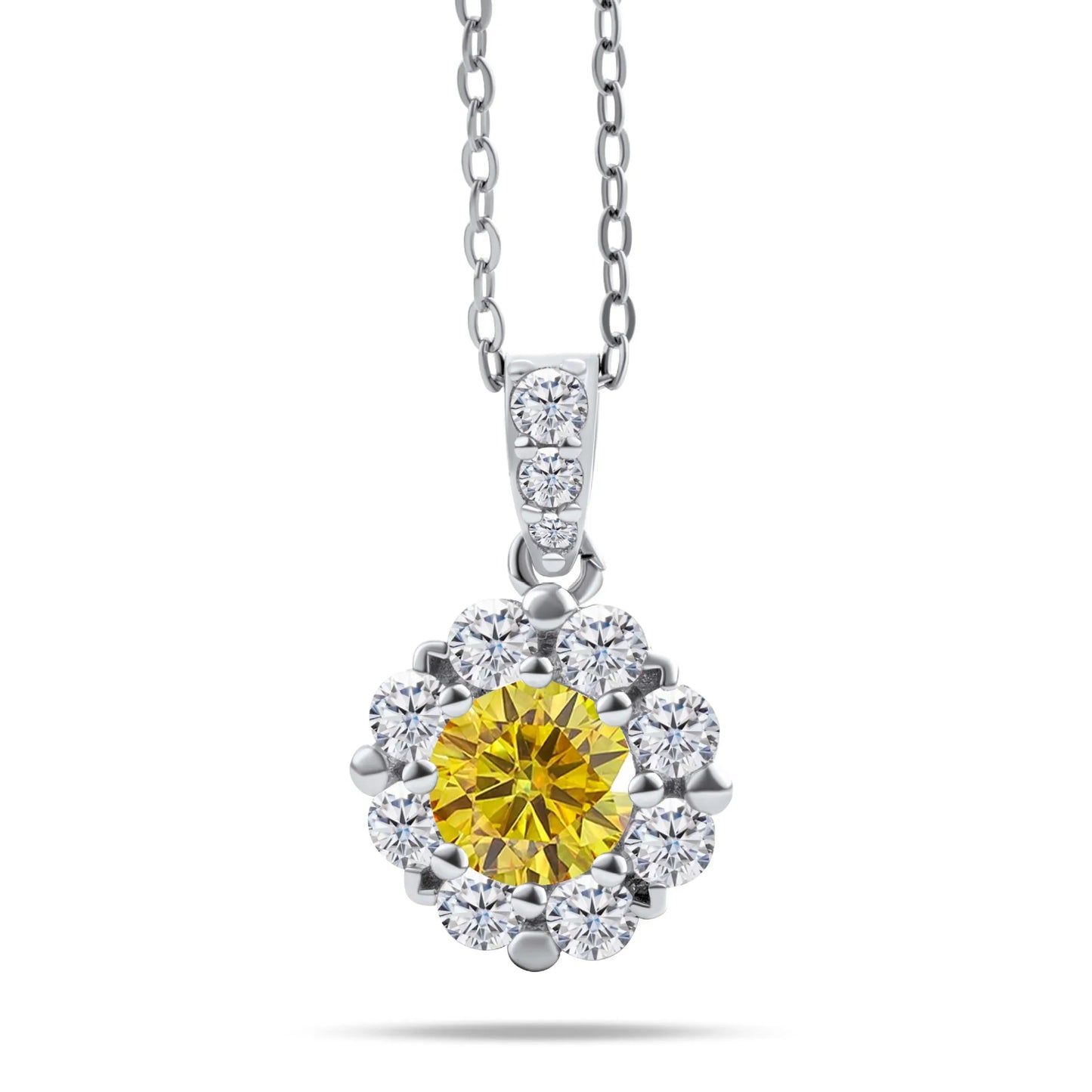 Fashion Fine 925 Sterling Silver Cluster Set Round Cut 1ct VVS GRA Colored Moissanite Jewelry Classic Sunflower Pendant Necklace
