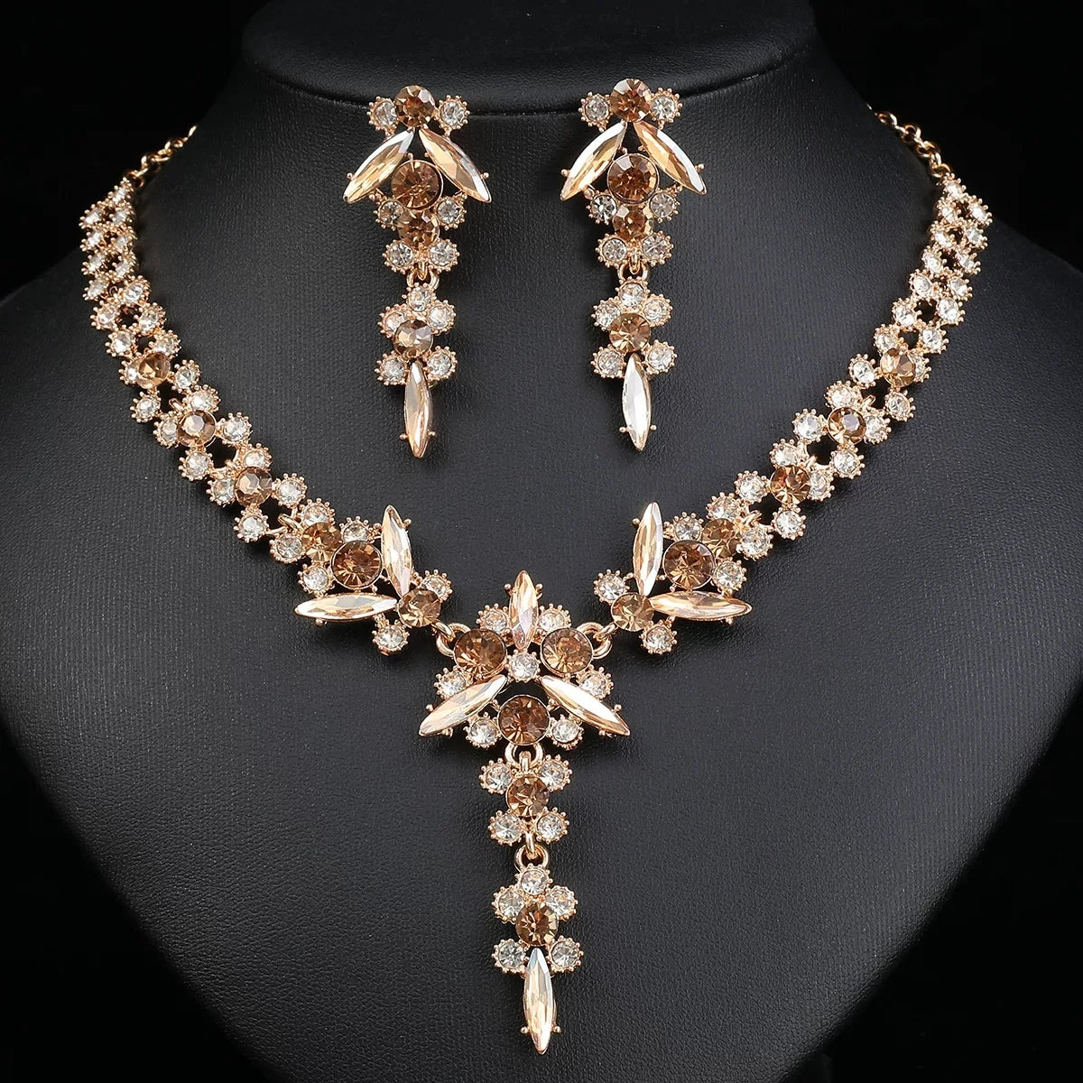 XM S340 Champagne Crystal Zircon Floral Necklace & Earrings Set