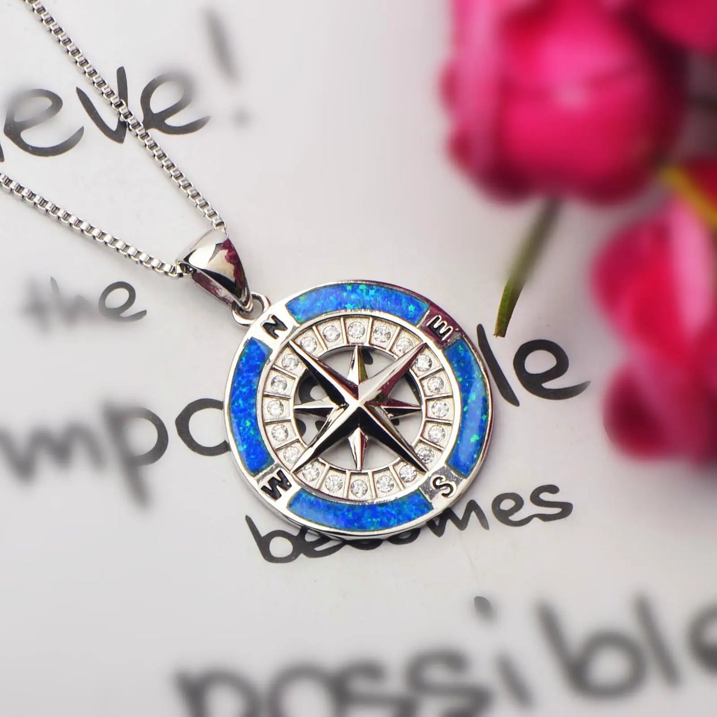 Minimalist Compass Pendant Necklace | Blue Opal & CZ Accents - Elegant Nautical Jewelry for Women
