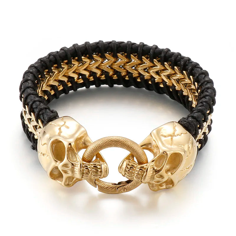 KALEN Punk Skull Fashion Jewelry Bracelets Stainless Steel Cowhide Leather Bracelet Bangle
