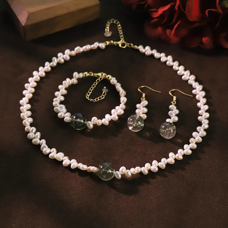 Natural Freshwater Pearl Glass 3PCS Jewelry Set  for Women Wedding Engagement Dating Bridal Pearl Jewelry Set Minimalist Jewelry