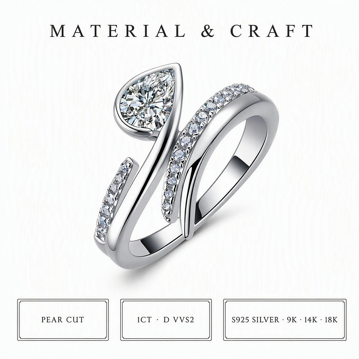 Gemfiori 1CT D VVS2 High Clarity Pear Cut Lab Grown Diamond Ring 9K 10K 14K 18K White Gold/Yellow Gold/Rose Gold Women Fashion Ring