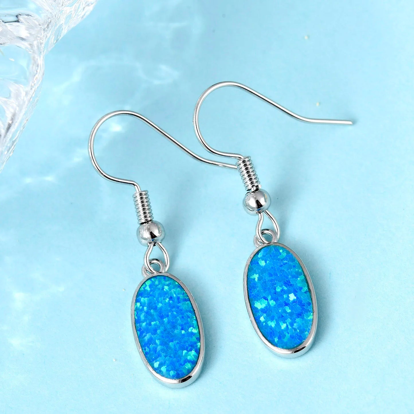 Geometric Opal Drop Earrings - Blue Fire Opal Solitaire & CZ Accent Design | Elegant Formal Jewelry Bulk Gifts