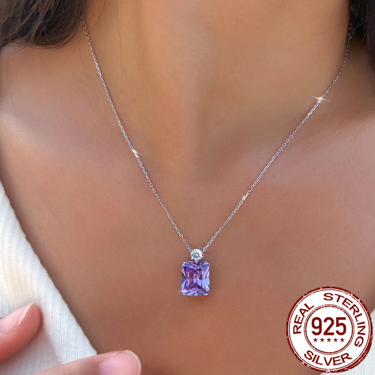 S&S 925 Sterling Silver Purple Baguette CZ Pendant Necklace – Rhodium Plated – Collection
