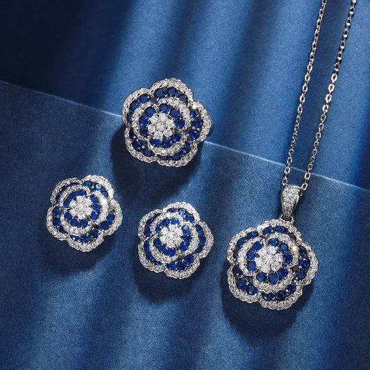 Gemfiori French Retro Exquisite Sparkling Three-dimensional Blue Camellia Pendant Ring Earrings Light Luxury Elegant Set