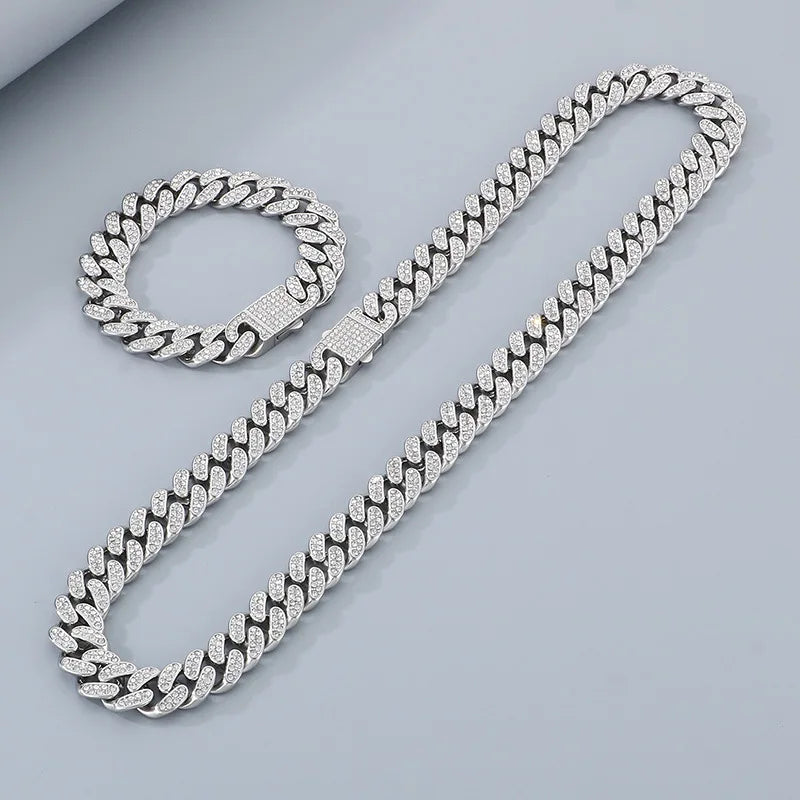 2PCS/SET European and American Stainless Steel Hip-hop Full Diamond Cuban Chain Stainless Steel Men's Necklace Bracelet Set