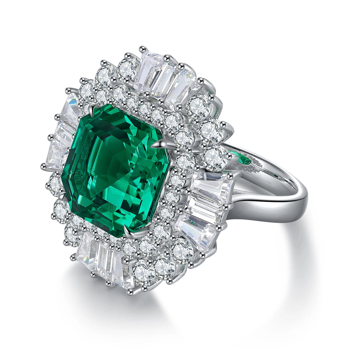 Gemfiori Anster Lab Created Emerald Women Ring S925 Sterling Silver Lab Made Diamonds and Emeralds Ring