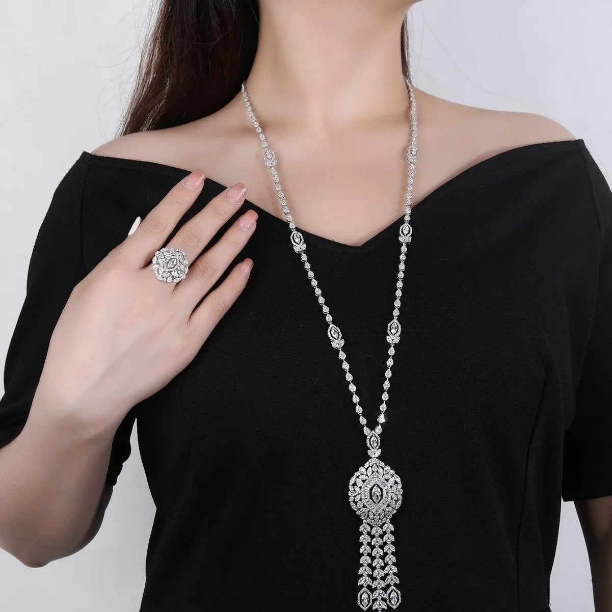 Long Tassel Necklace Set for Women's Cubic Zirconia Bridal Jewelry Trendy Sweater Necklace with Pendant
