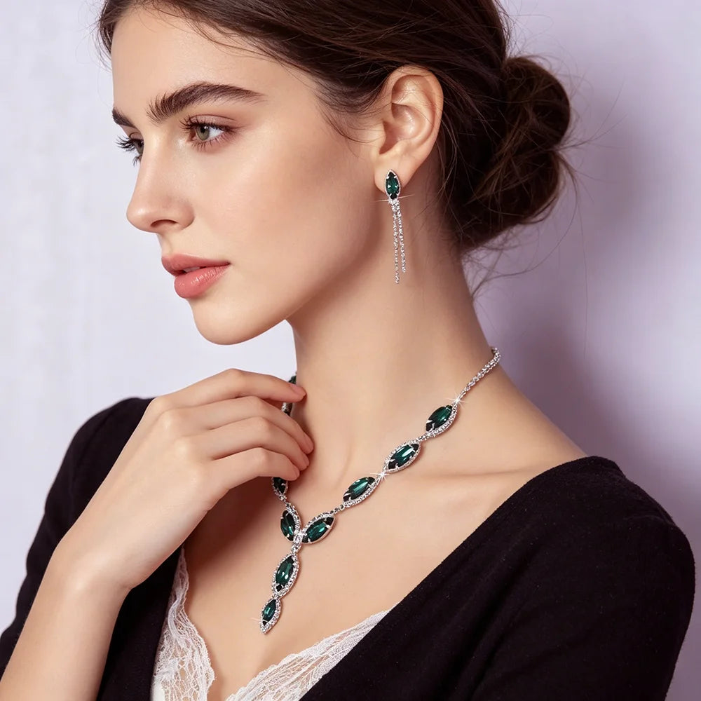 XM S375 Silver Plated Marquise Cut Zircon Floral Statement Necklace & Tassel Drop Earrings Set