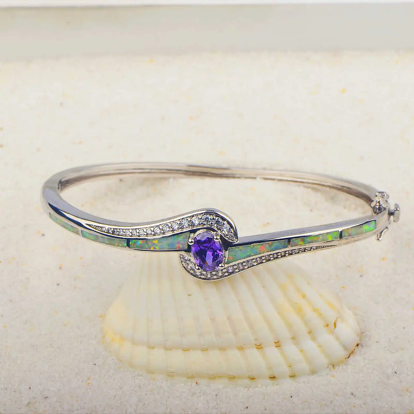 Elegant Blue Opal Bangle Aobao Aquamarine Crystal Inlaid Silver Tone Fashion Jewelry