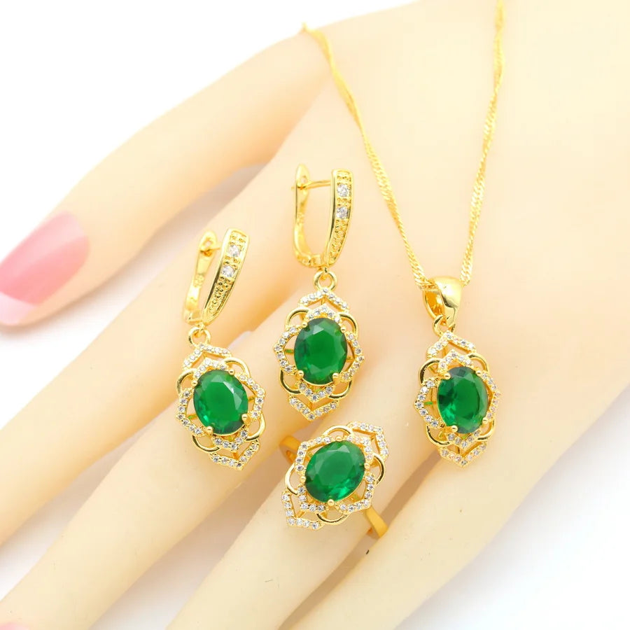 XOTICA 2023 New Band Green Cubic Zirconia Jewellery Sets for Women With Bracelet Earrings Open Ring Pendent Necklace Set