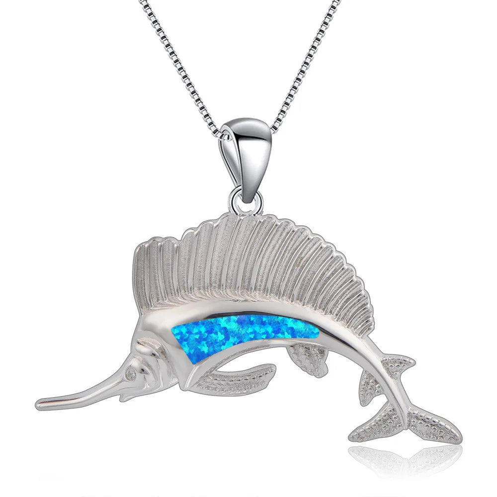 Trendy Christian Copper Silver Plated Ocean Marlin Pendant Blue Opal Sweater Chain Link Chain Nautical Necklace for Beach