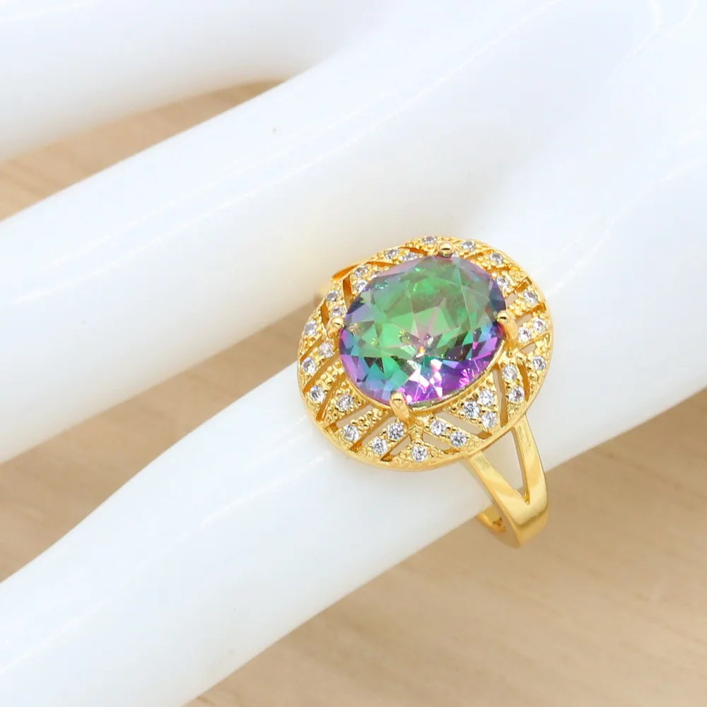 XOTICA Geometric Gold Plated Set for Women Rainbow Stones Alloy Bracelet Hoop Earrings Necklace Ring for Wedding Party Birthday Gift
