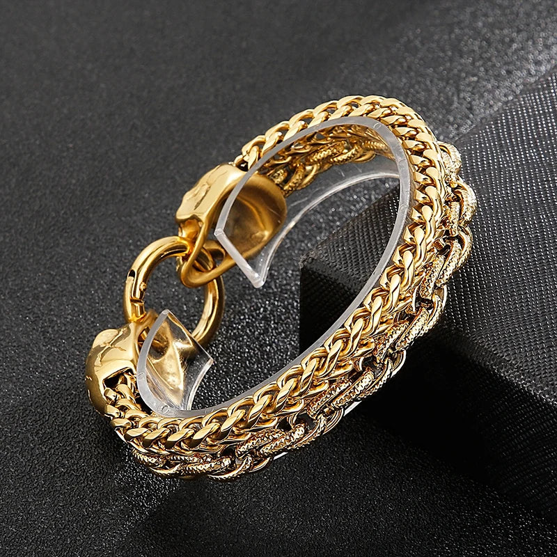 KALEN Punk Double Woven Chain 18K Gold Plating Skeleton Skull Head Men Stainless Steel Jewelry Bracelets