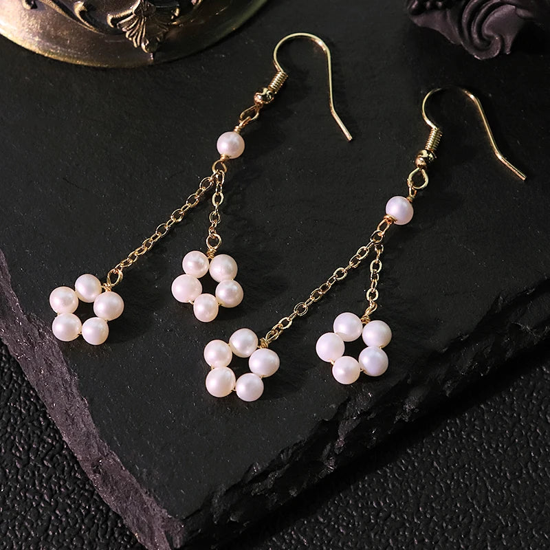 White Natural Pearl Chain Earrings Handmade Design Earrings Gift for Banquet Wedding Women's Jewelry GE1814