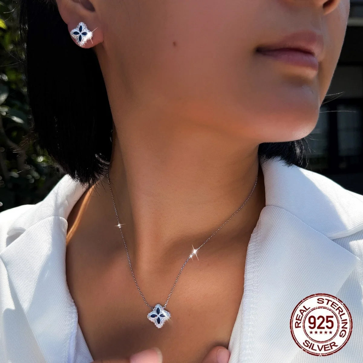 925 Sterling Silver Marquise Cut Blue CZ Halo Necklace Earrings Sparkling Lucky Four Leaf Clover Jewelry Set for Daily Wear