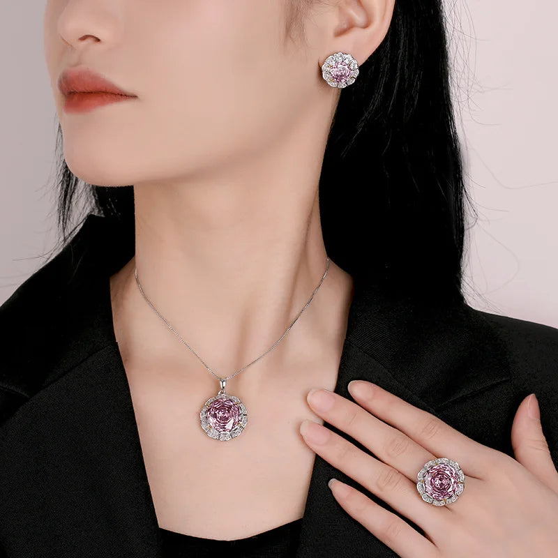 Gemfiori Luxury High Quality Jewelry Set Rose Pink Zircon 3-Piece Set Suitable for Wedding Parties
