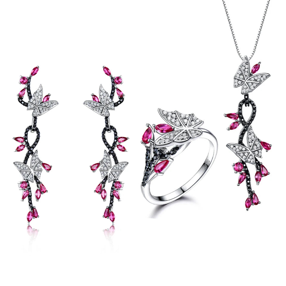 925 Sterling Silver Butterfly Jewelry Set Romantic Ruby Black Spinel Gemstone Rings Pendant Drop Earrings for Women Gift