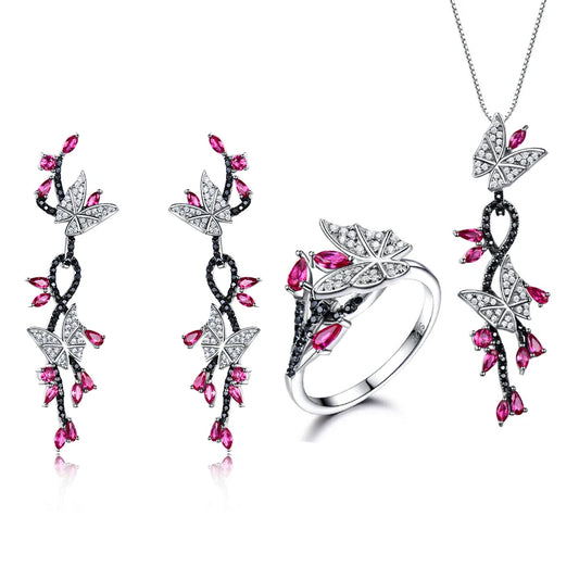 925 Sterling Silver Butterfly Jewelry Set Romantic Ruby Black Spinel Gemstone Rings Pendant Drop Earrings for Women Gift