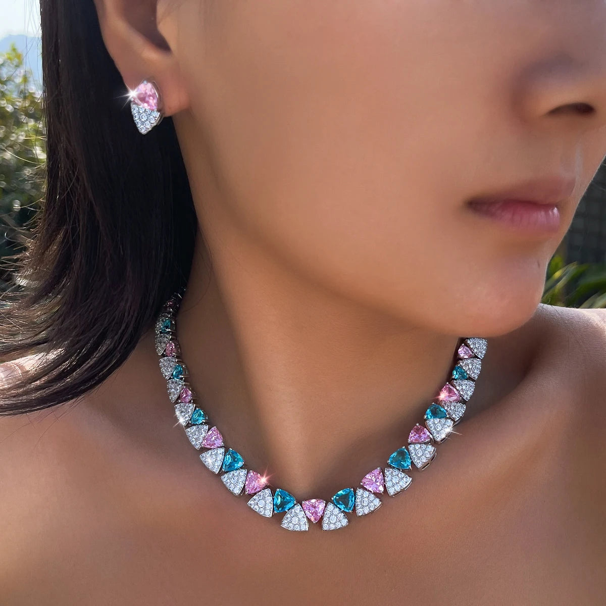 Light Blue Pink Triangle Zircon Jewelry Set Rhodium Plated Micro Pave Necklace Earrings Jewelry Set for Brides Wedding Banquet