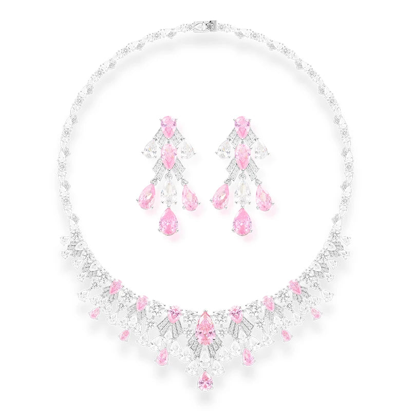 High Quality Pear Shaped Cut Yellow pink Zircon Necklace Earrings 2-piece Set Brass Saudi Wedding Banquet Jewelry