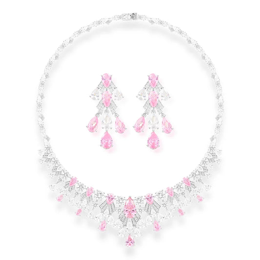 High Quality Pear Shaped Cut Yellow pink Zircon Necklace Earrings 2-piece Set Brass Saudi Wedding Banquet Jewelry
