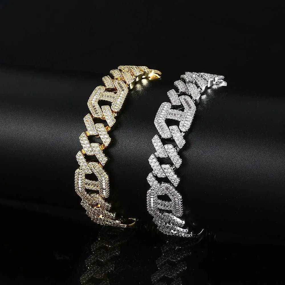REBEL 15mm 9inch Mens Hip Hop Jewelry 18k Gold Plated Zirconia Iced Out Cuban Bracelet