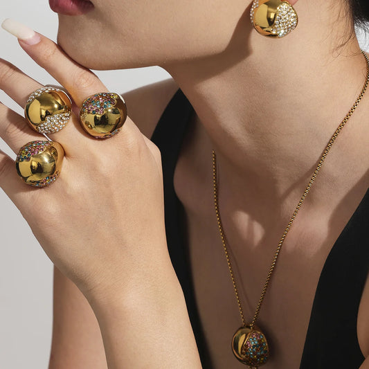 Hollow Semi-Circle Zircon Necklace, Stud Earrings & Ring | Light Luxury Geometric Stainless Steel Set