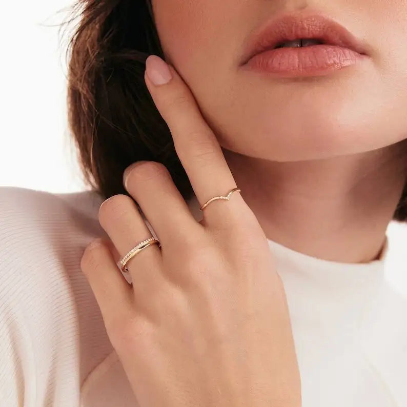 Diamond Bar Stacking Ring in 14K Solid Gold Dainty Pave Diamond Stackable Ring for Women 14K Real Gold Minimalist Jewelry Gift