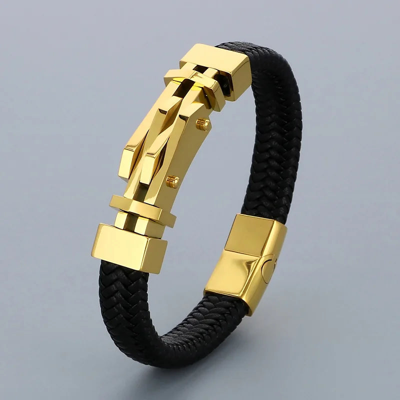 REBEL 210mm Vintage Premium Stainless Steel&Cowhide Leather Bracelet