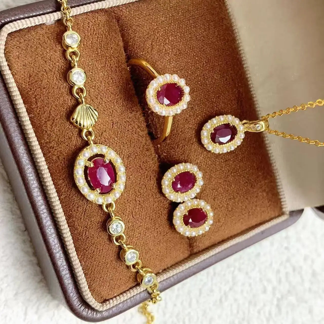 Luxury Natural Ruby Jewelry Set 925 Sterling Silver 18k Gold-plated Necklace Earrings Ring Women's Sets Wedding Engagement Gift