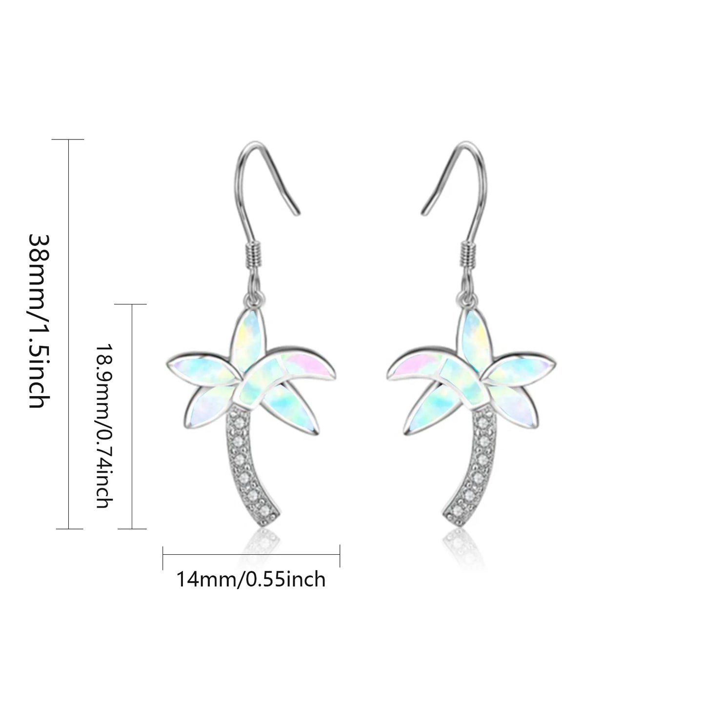 Tropical Palm Tree Opal Drop Earrings - Iridescent Opal Fronds & CZ Trunk Design | Vacation-Chic Daily Jewelry Bulk Gifts