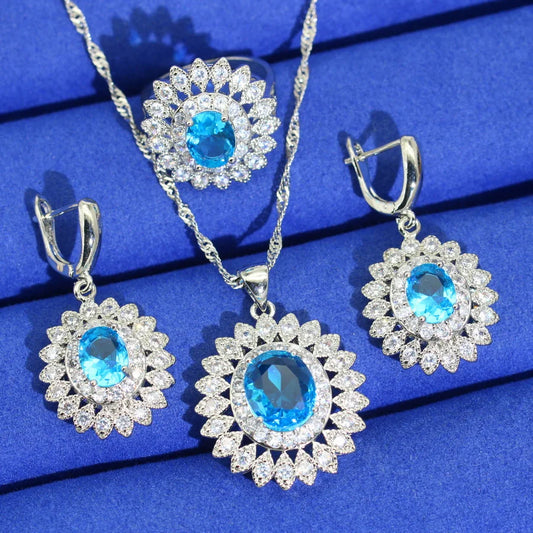 Classics 925 Silver Jewelry Set for Women Sky Blue Zirconia & Emerald for Wedding Party or Date
