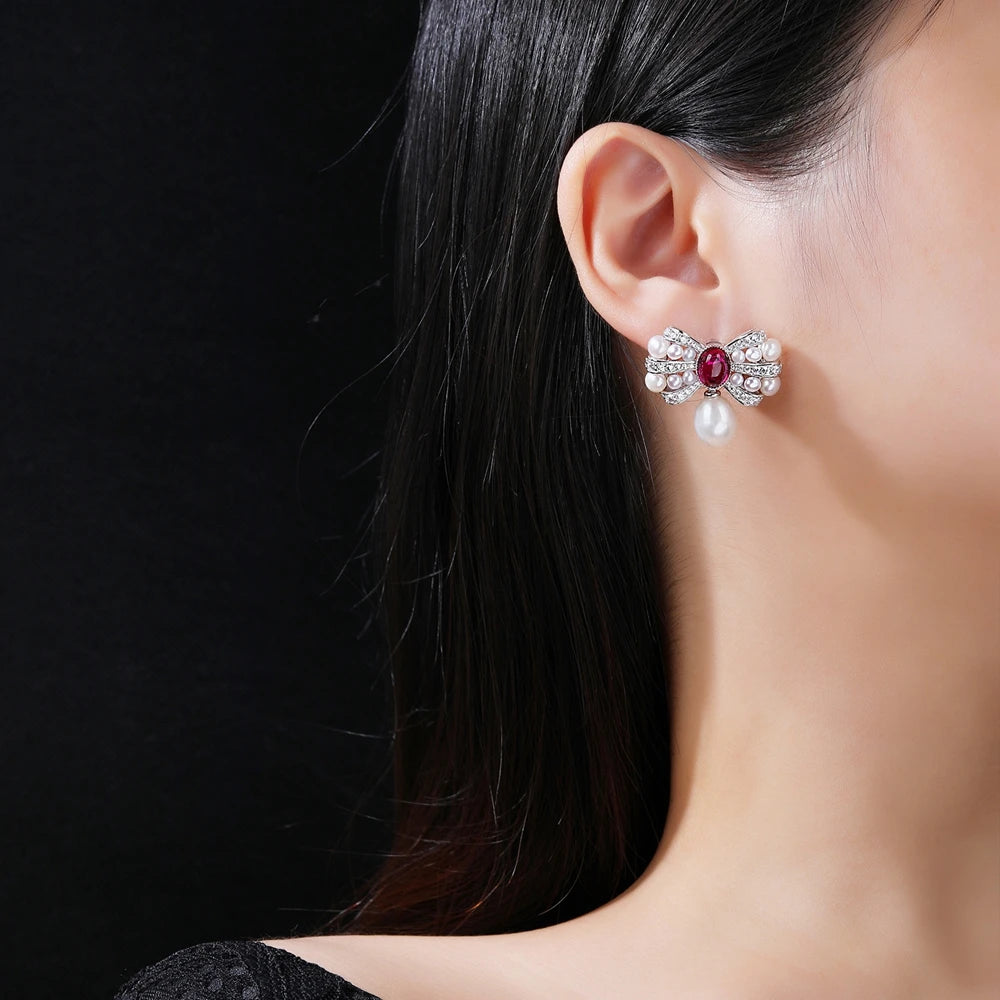 MUSHAN Jewelry Factory S925 Natural Pearl Stud Earrings Light Luxury and High End Bow Ear Accessory Cross Border Bestseller