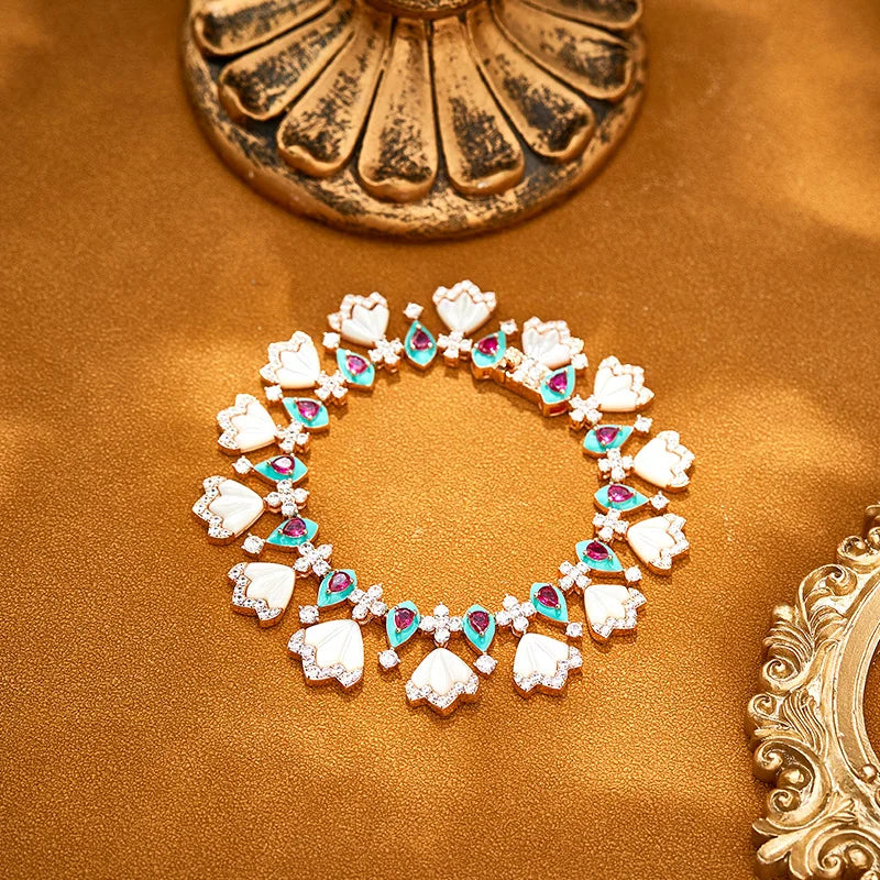 Dubai Luxury White Shell & Zirconia Choker Bridal Jewellery Set — Necklace, Earrings, Bracelet & Ring