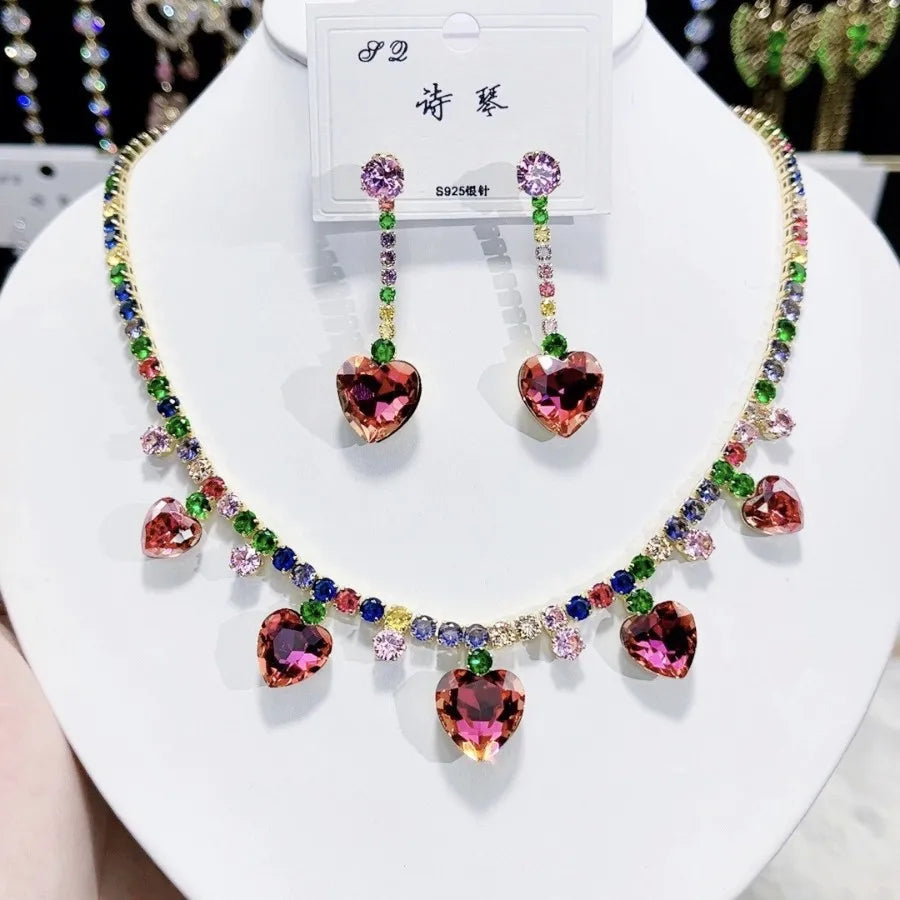 K093 Wholesale Women Trendy Luxurious Heart Multi Zircon Bridal Necklace Earrings Set Wedding Elegant Jewelry Set