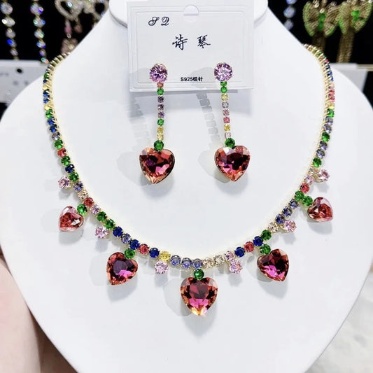 K093 Wholesale Women Trendy Luxurious Heart Multi Zircon Bridal Necklace Earrings Set Wedding Elegant Jewelry Set