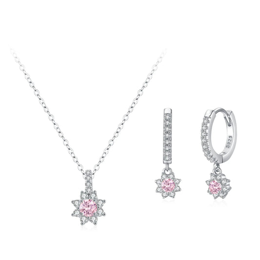Wholesale 925 Sterling Silver Elegant Pink Sunflower Pendant Necklace Earring Set Elegant Luxury Jewelry Gift Set